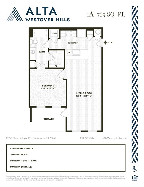 Floor plan for 1 bed, 1 bath, 769 sqft